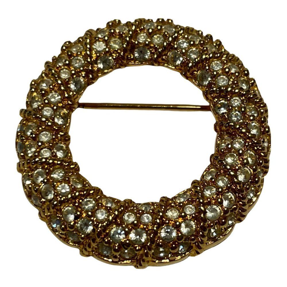 Swarovski crystals Gold Tone round wreath Circle pin brooch Christmas Holiday